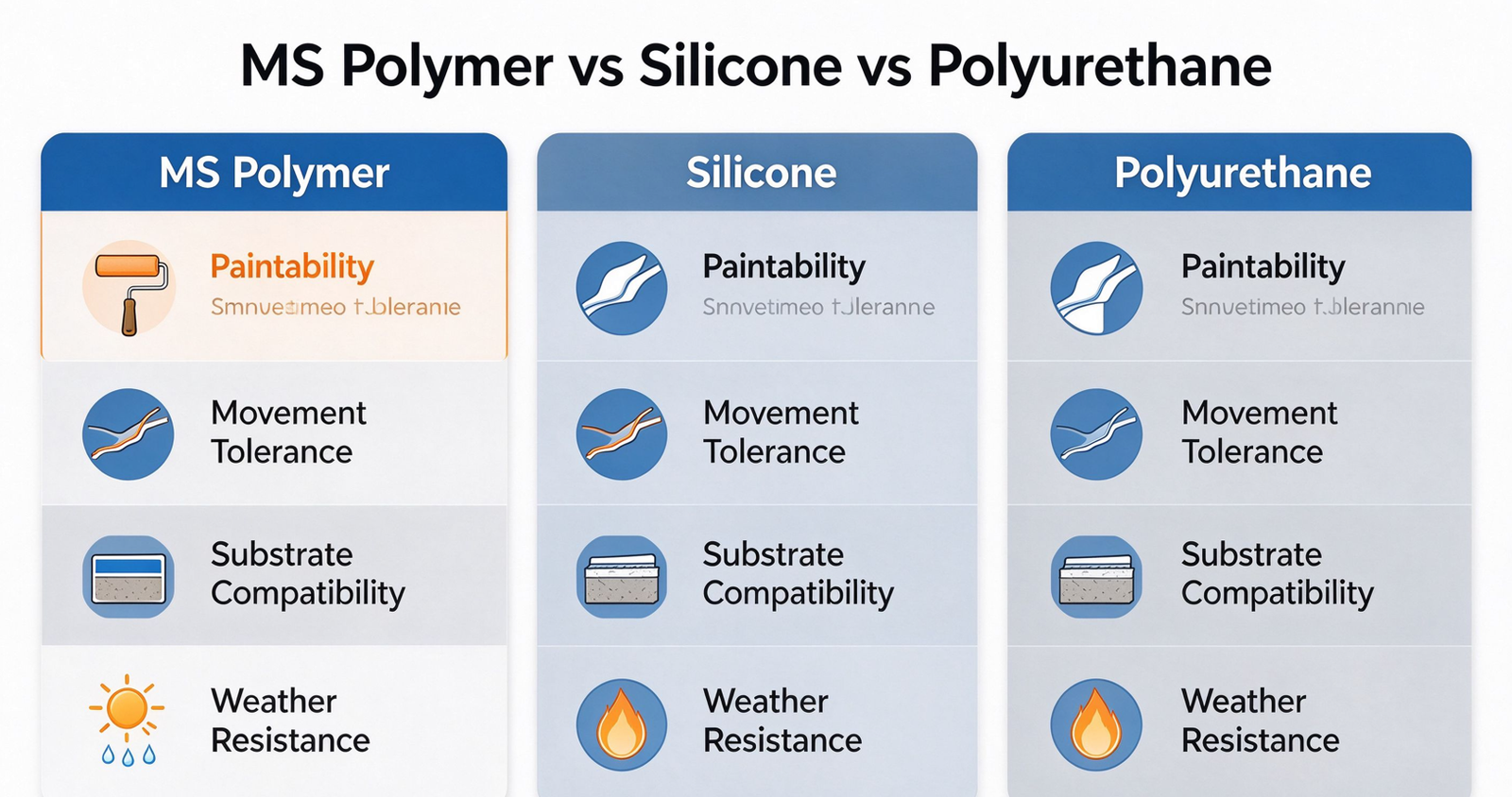 MS polymer vs silicone vs polyurethane sealant comparison chart