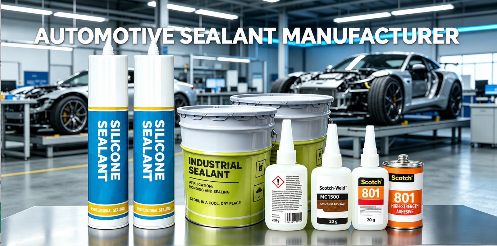 Illustration of automotive sealants and adhesives with English packaging labels in a workshop