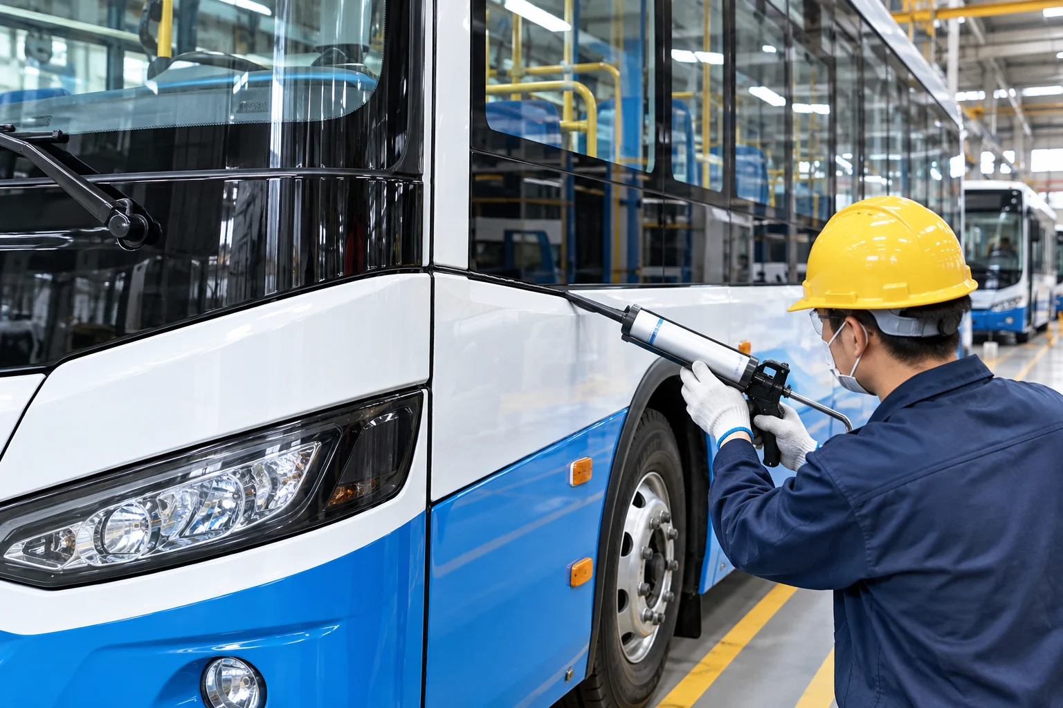 Technician applying sealant to a bus body panel joint