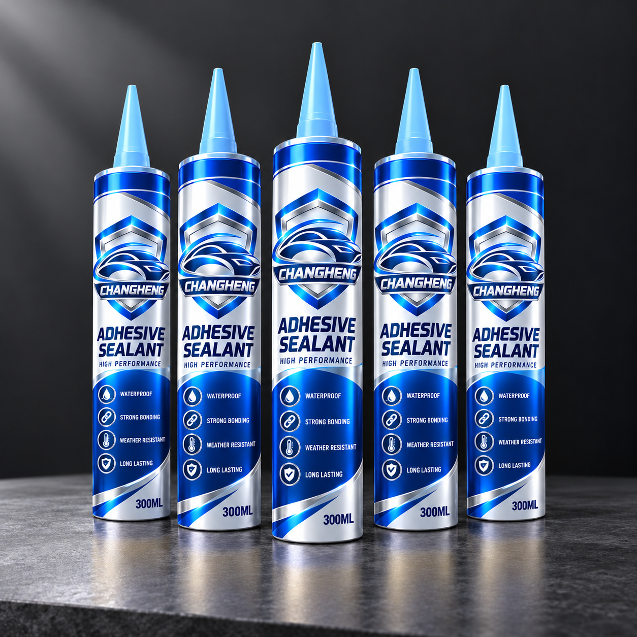 Five Changheng adhesive sealant cartridges in blue and silver packaging