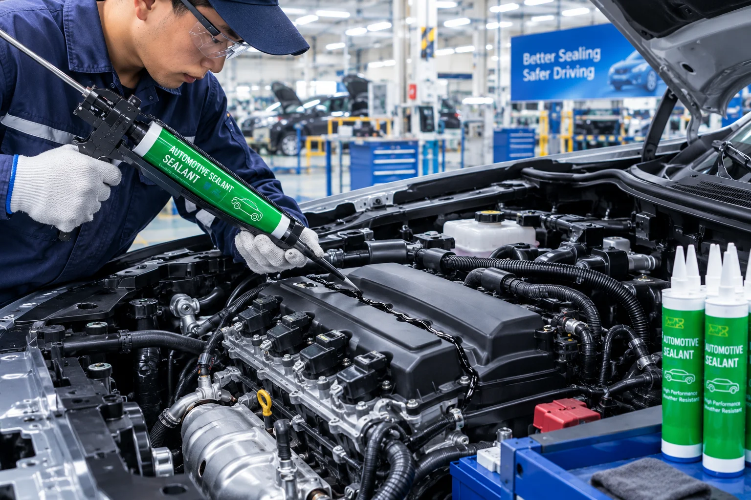 Technician applying automotive sealant during engine sealing work