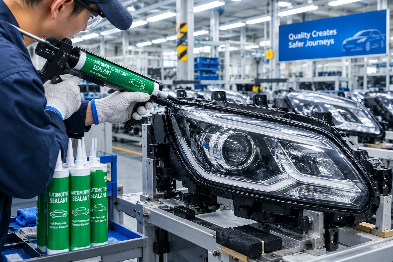Technician applying automotive sealant to a headlight assembly