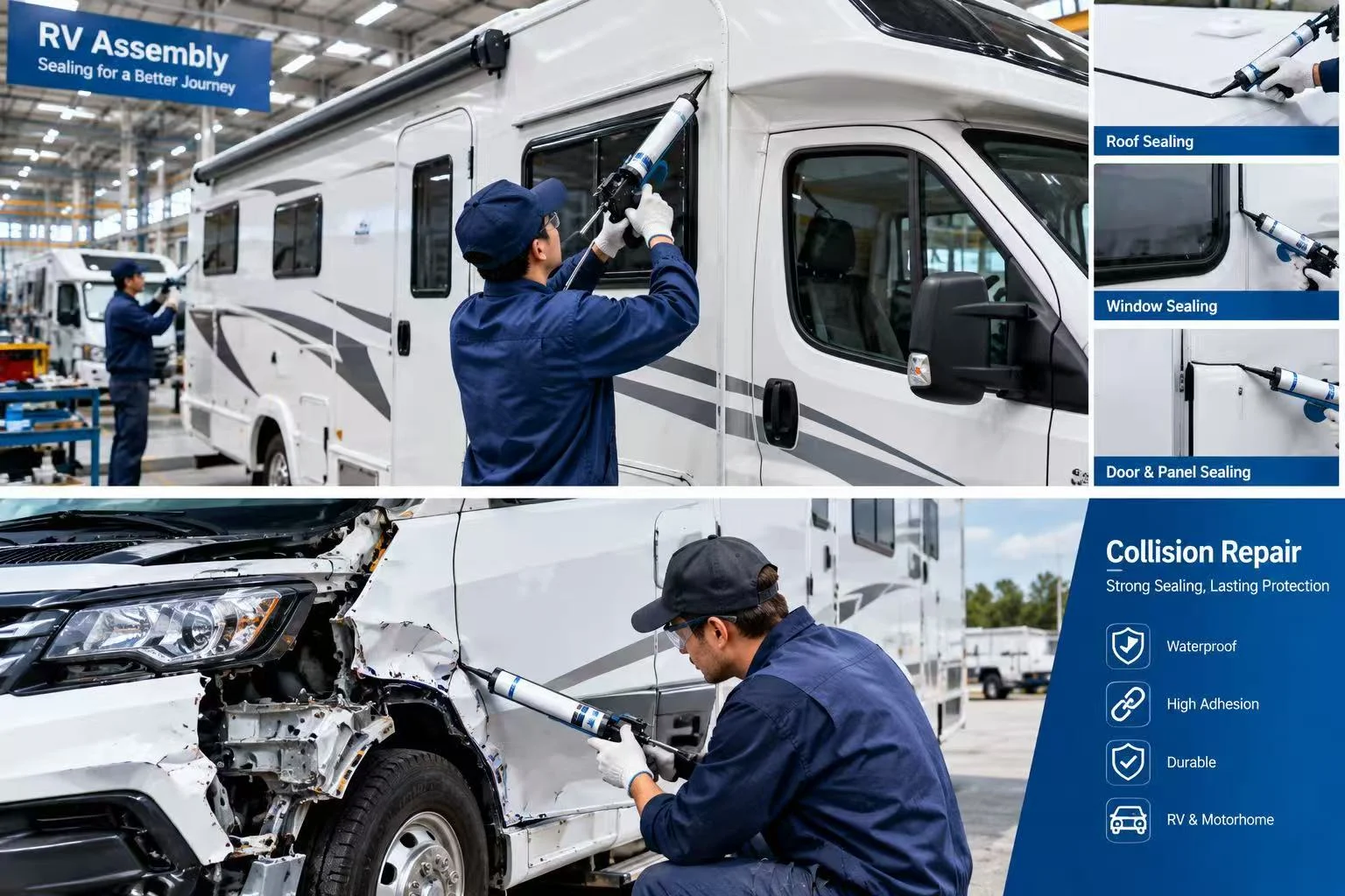 Caravan assembly and collision repair sealing applications