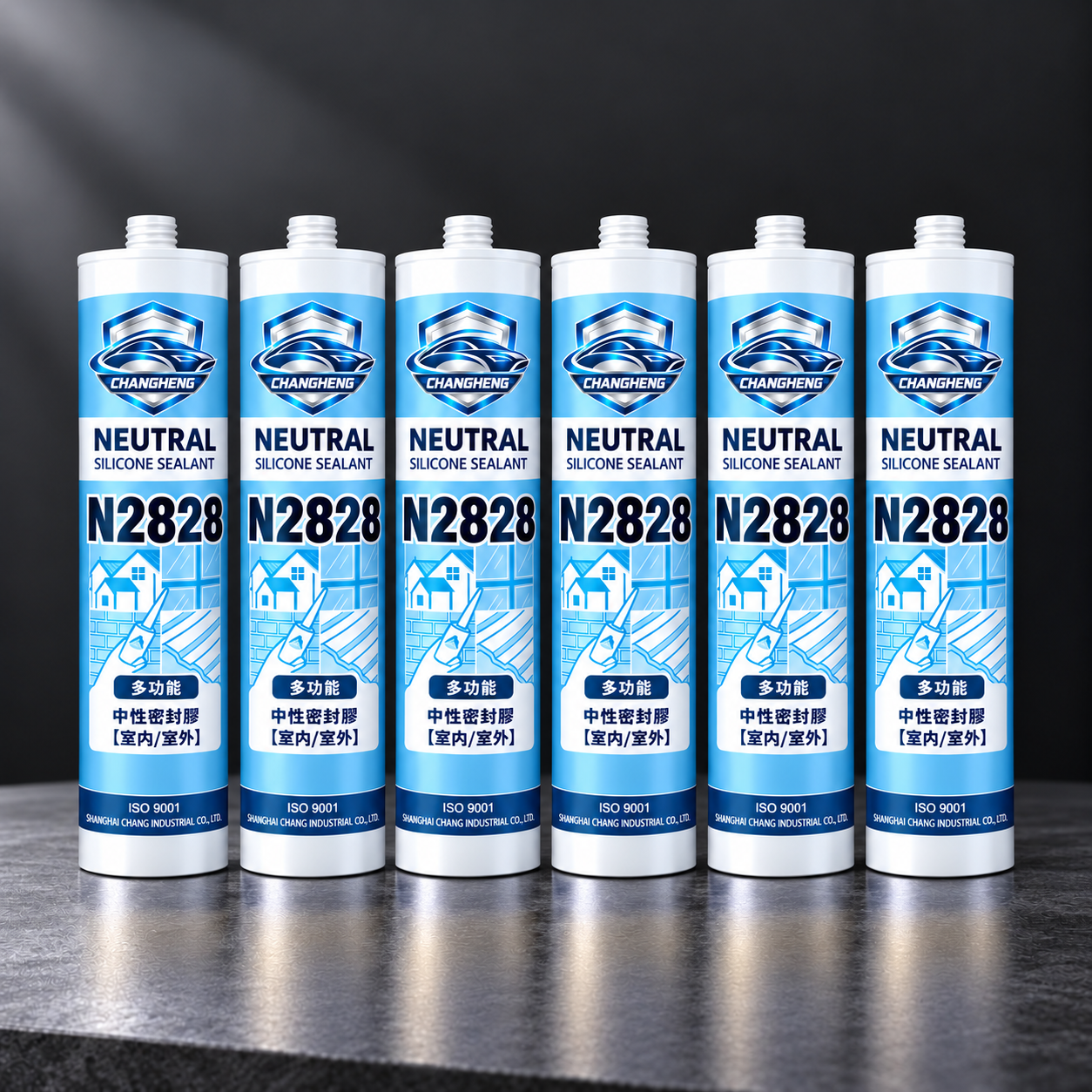 Six Changheng N2828 sealant cartridges on a metal tabletop against a dark studio background
