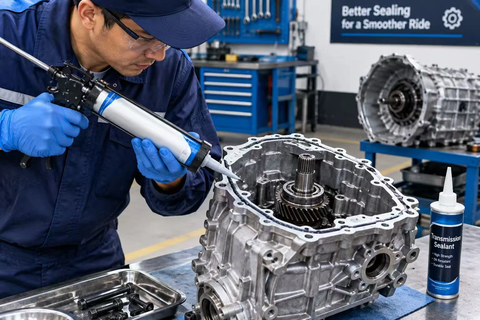 Technician sealing a gearbox housing